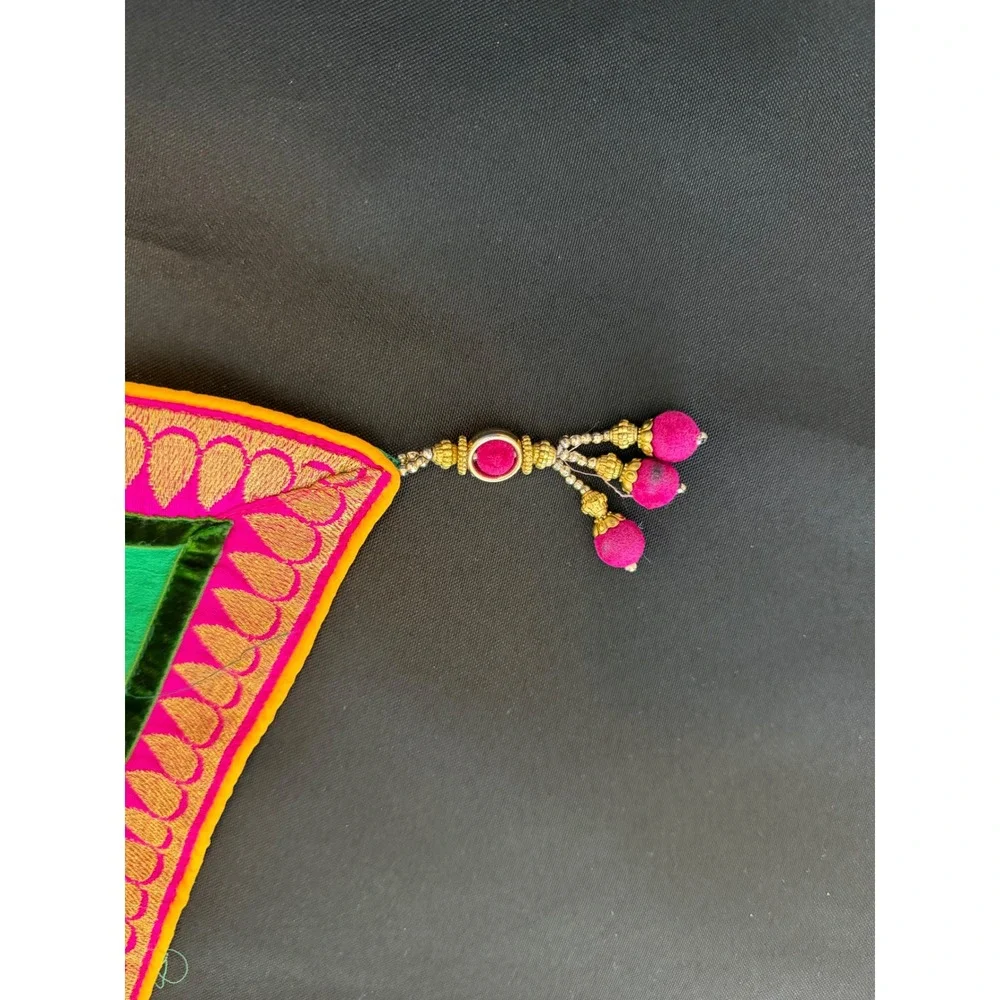 Green Dupatta Scarf Pink Gold Embroidered Border Tassels Traditional Ethnic Wear